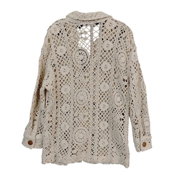 Zara Ecru Crochet Cardigan Coat Size XS Beige Button Down Collared Patch Pockets - Picture 8 of 8